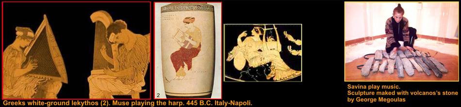 greeks with ground lekythos. muse playing the harp. 445 BC Italy Napoli. Savina playing music. sculpture made with volcanos stone by Gorg Megoulas